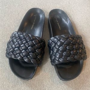 Loeffler Randall Black Leather Braided Slides, Size 8. In good used condition.